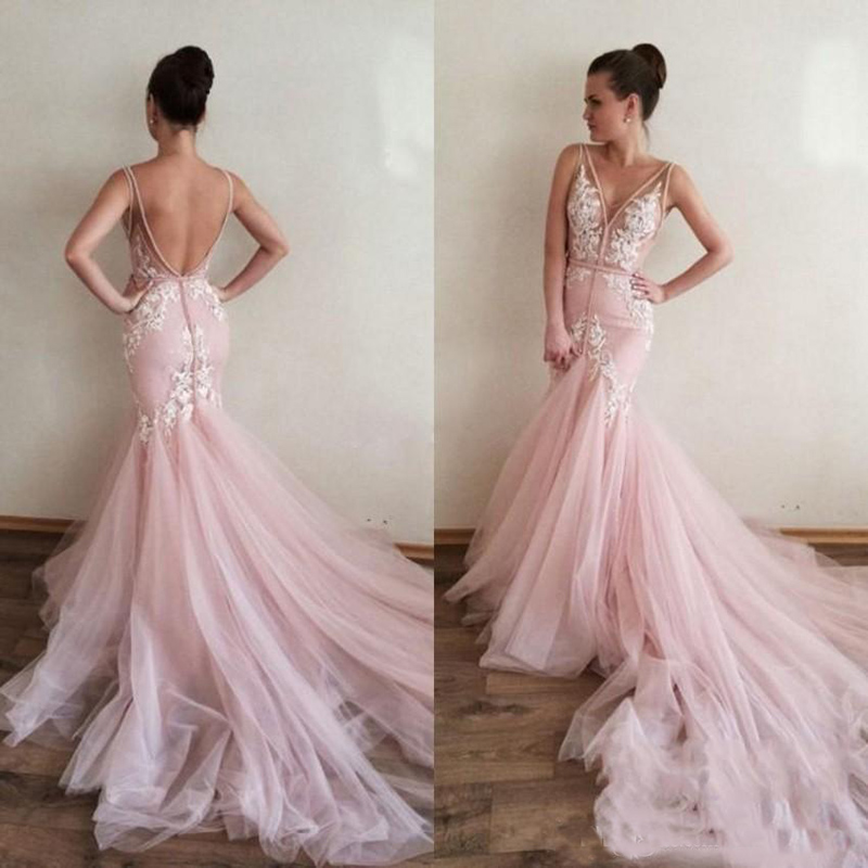 Amazing V-neck Pink Prom Dresses Appliques Court Train Mermaid Evening Dresses Vestidos de Festa Special Occasion Dresses