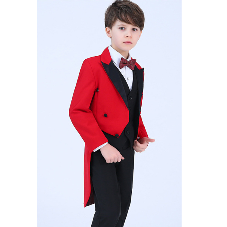 2019 Boy's Formal Wear Wedding Suits Red Peaked Lapel Tailcoat Handsome Black Prom Party Pants Suits (Jacket+Pants+Bow+Shirt)