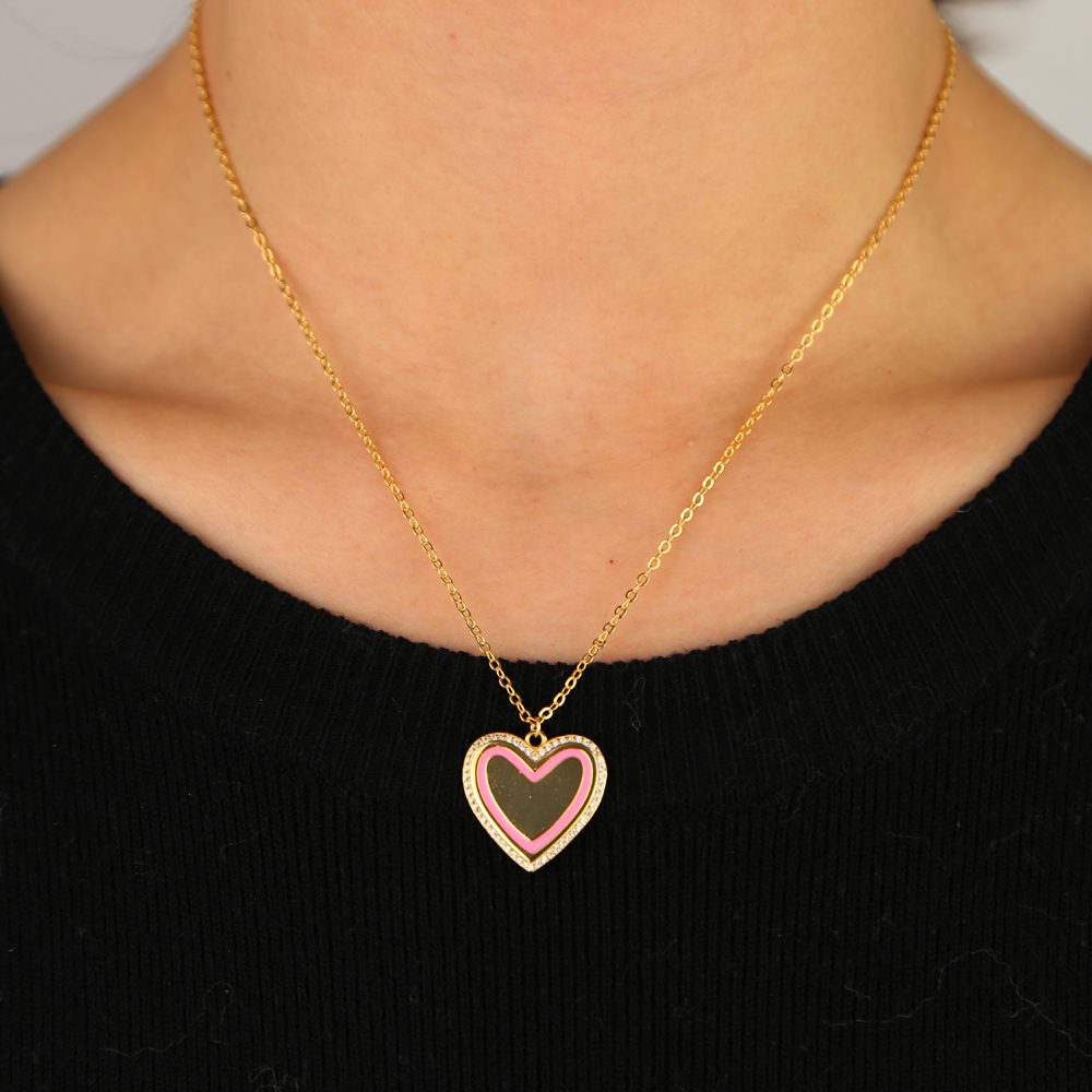 Valentines gift Heart pendant necklace with pink enamel polished heart charm long chain customize engrave name tag necklaces