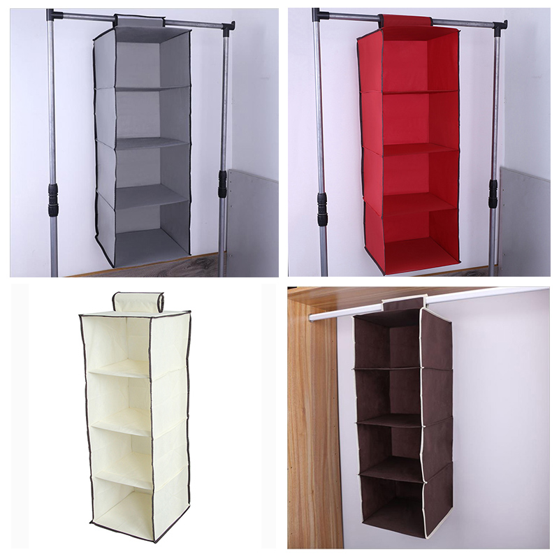 Non-Woven Fabric 4 Section Hanging Bag Storage Cabinets Folding Shelves Wardrobe Household Supplies Clothes Space Saver Home