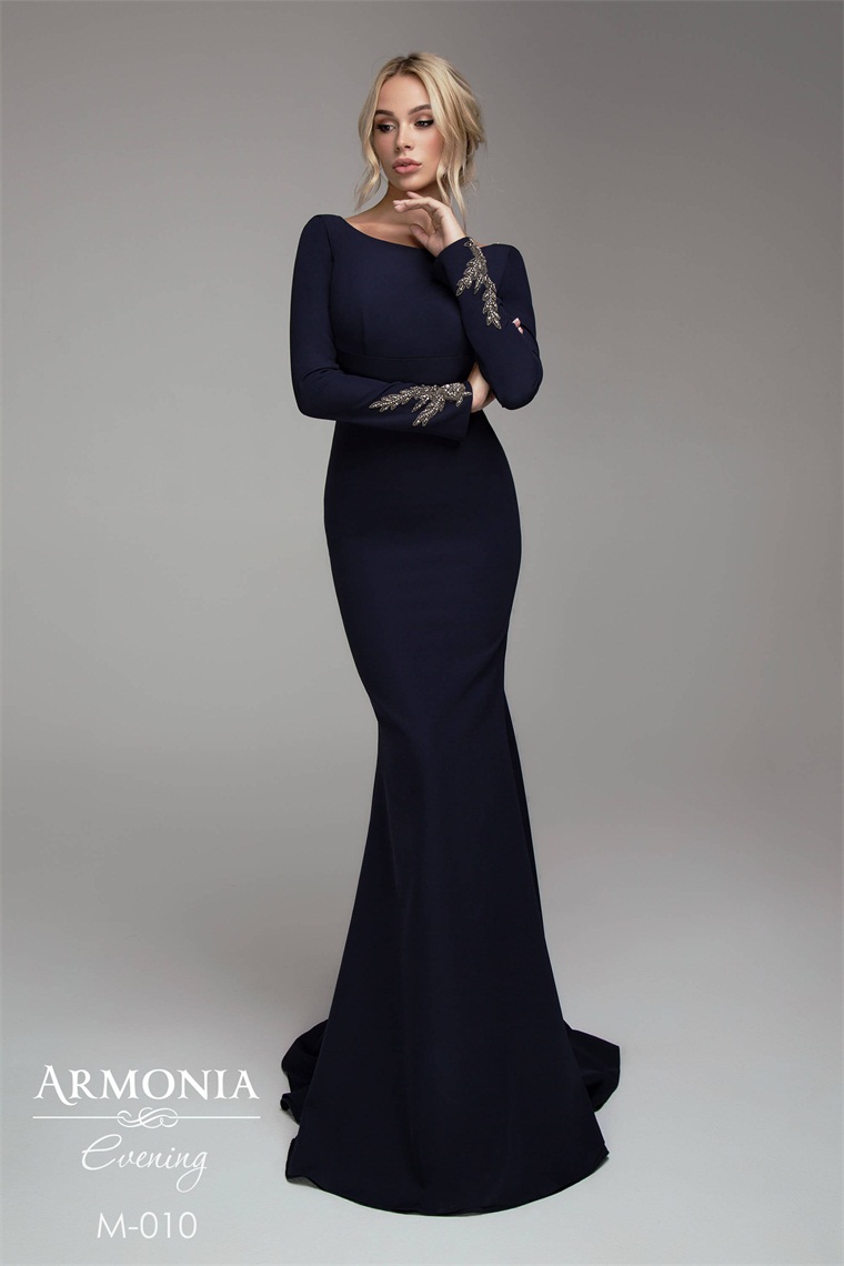 2020 Navy Mermaid Evening Dresses Scoop Neck Beaded Long Sleeves Prom Dress Backless Ruffle Sweep Train Custom Made Formal Party Gown