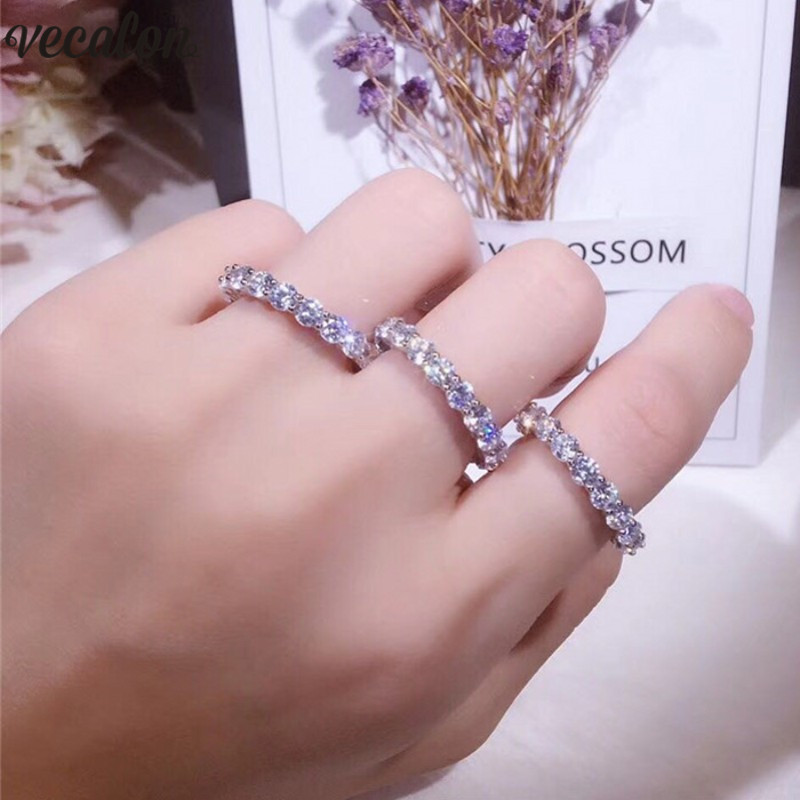Vecalon Eternity Promise ring 925 Sterling Silver 4mm Diamond cz wedding band rings For women Statement Finger Party Jewelry Gift