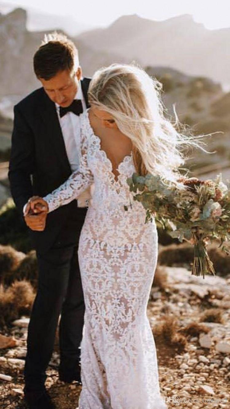 2020 Lace Wedding Dresses Sexy Mermaid Long Sleeves Floor Length Backless Beach Boho Garden Bridal Gowns See Through