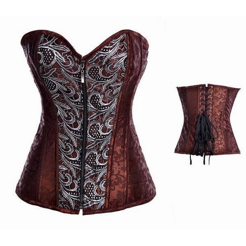 Jacquard Steampunk Zipper Corset Women Vintage Gothic Overbust Zip-up Brown Corset Padded Bustier S-6XL Plus Size Fashion Waist Slim Shaper