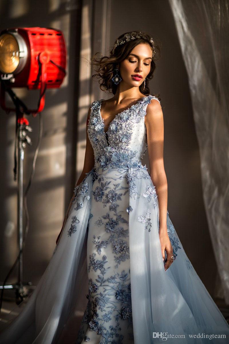 2019 Mermaid Beaded Evening Dresses With Detachable Skirt Plunging Neck 3D Appliqued Prom Gowns Organza Plus Size Formal party Dress