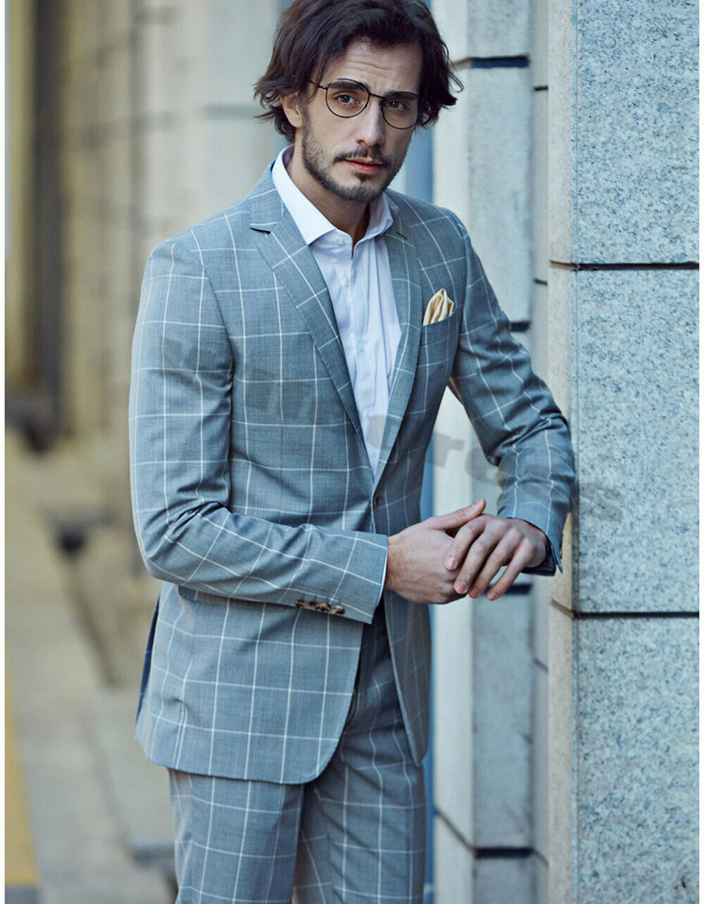 Classic Plaid Men Wedding Suits British Style Two Button Notched Lapel Tuxedos Formal Work Prom Office Business Blazer(Jacket+Pants)