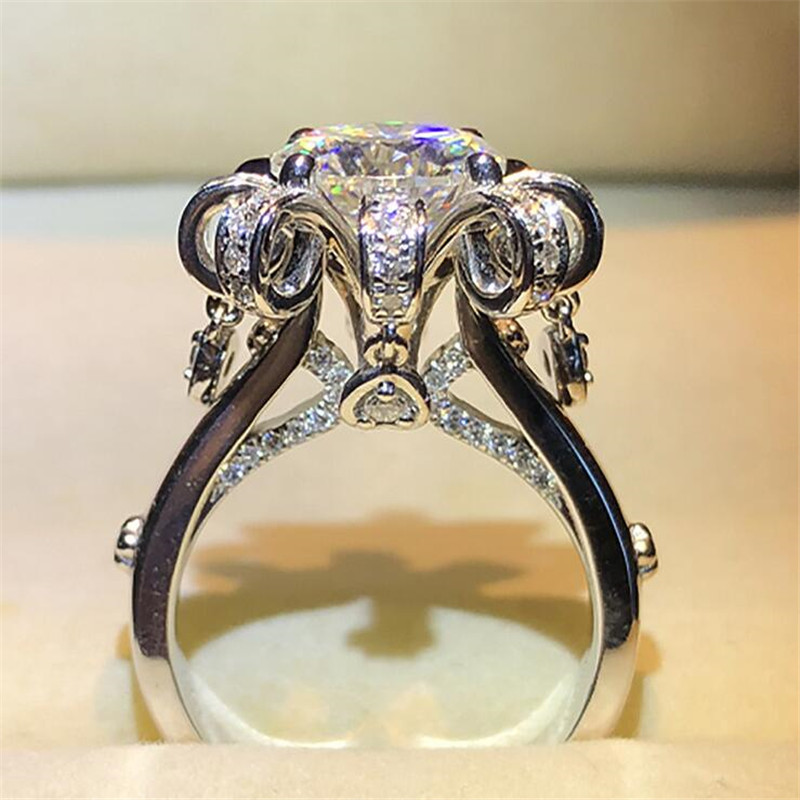 US Size 6-10 Classic Jewelry 925 Sterling Silver Round Cut White Topaz CZ Diamond Gemstones Eternity Women Flower Wedding Band Ring Gift