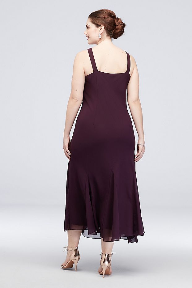 Grape Mermaid Plus Size Beaded Mother Of The Bride Dresses With Long Sleeves Jackets Wedding Guest Dress Tea Length Chiffon Evening Gowns
