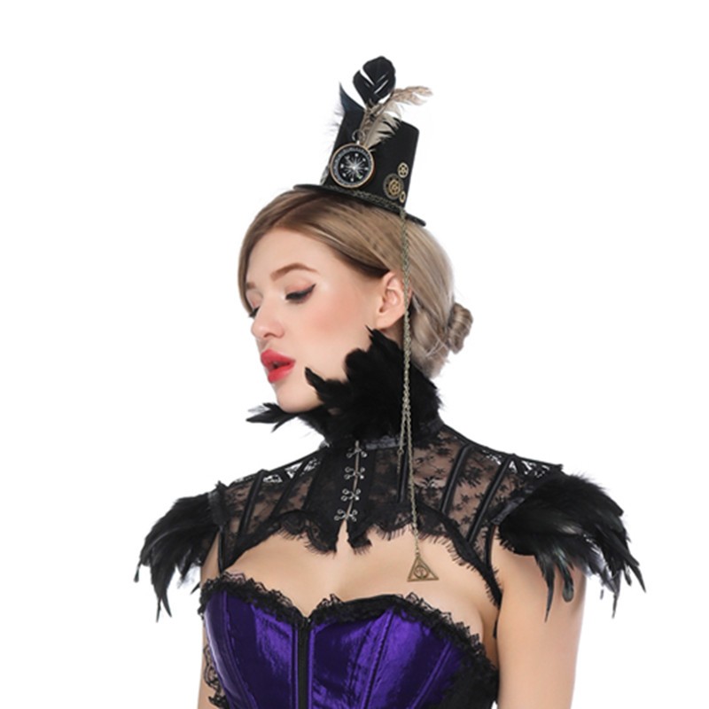Women Steampunk Feathers Gothic Fake High Collar Lace Mesh Cape Shoulder Bolero Jacket Shrug Crop Tops Retro Vintage Halloween Rave Costume