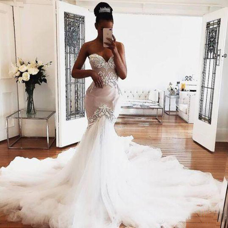 South African Mermaid Wedding Dresses Sweetheart Appliques Fishtail Tulle Train Bridal Gowns Elegant Country Garden Wedding Dress Cheap