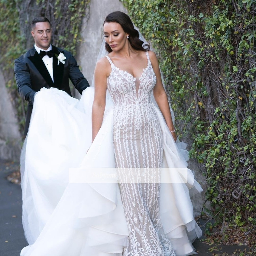 Gorgeous Beading Appliques Mermaid Wedding Dresses with Detachable Train Backless Long Bride Dress Custom Made Vintage vestido de novia