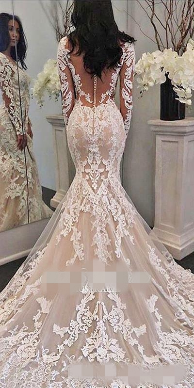 2019 Modest Long Sleeves Mermaid Dresses Lace Applique Sweep Train Custom Made Chapel Wedding Gown Vestido De Novia 401 6660311