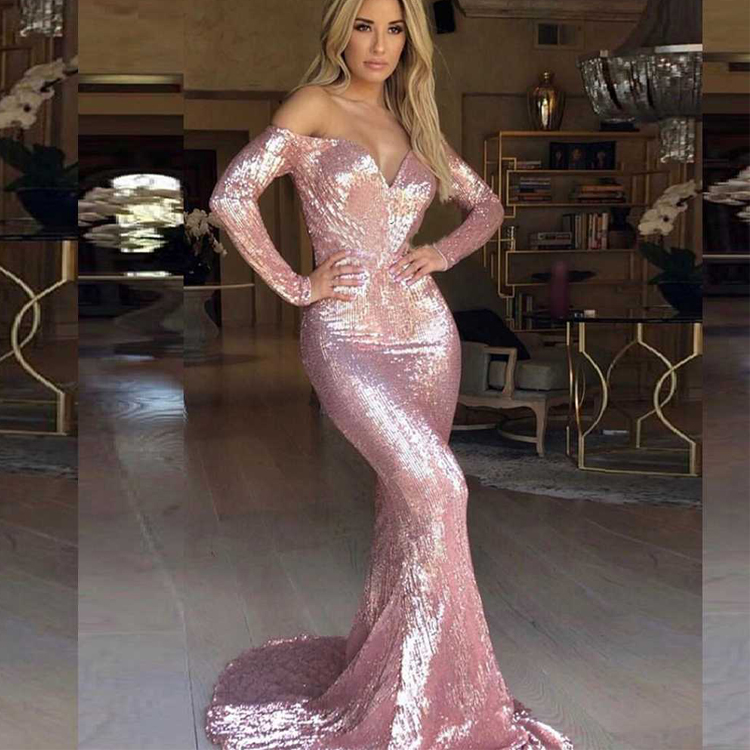 Sparkly Pink Mermaid Evening Dresses Off Shoulder Long Sleeves Prom Dress Sweep Train Sequins Formal Dresses