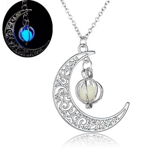 Glow In the Dark Pendant Necklaces For Women Silver Plated Chain Long Night Moon Necklaces Women Fashion Jewelry Necklaces GB65