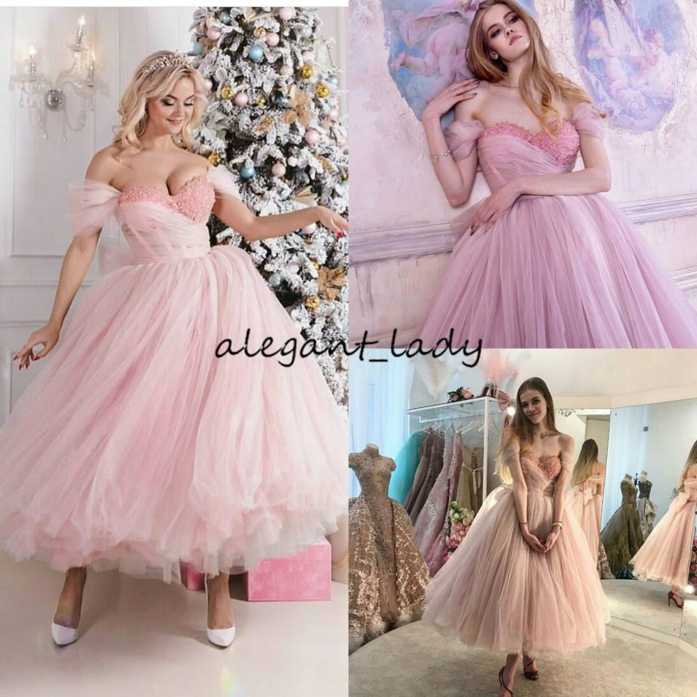 tealength pink prom formal dresses off shoulder beaded pearls arabic dubai style occasion evening dress wear