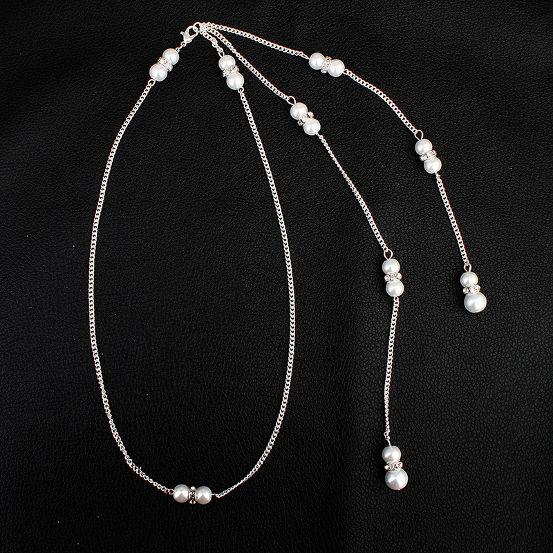 Shining Crystals Rhinestones Long Drop Dower Simple Simulated Pearls Body Necklace Wedding Bridal Backdrop for women back chain