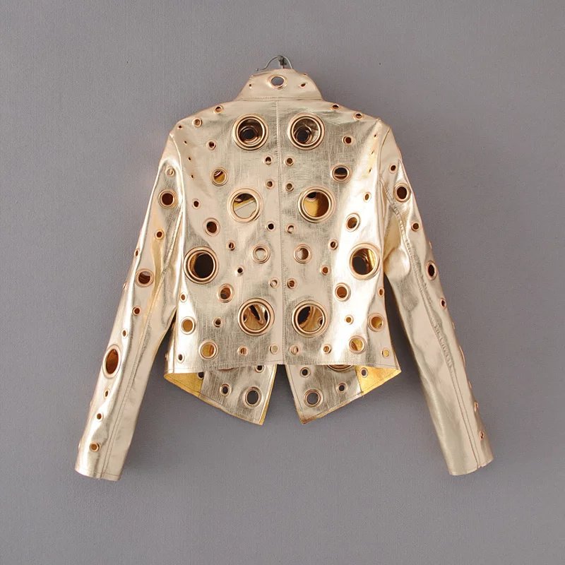 Spring Personality PU Round Hole Women Jacket Gold Black Silver Color Stand Collar Long Sleeve Coat Leather Clothing Top
Spring Personality PU Round Hole Women Jacket Gold Black Silver Color Stand Collar Long Sleeve Coat Leather Clothing Top