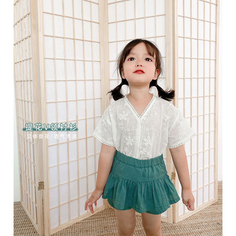 Summer baby girls fashion lace jacquard weave shirts cotton short sleeve v-neck shirt, White
Summer baby girls fashion lace jacquard weave shirts cotton short sleeve v-neck shirt, White