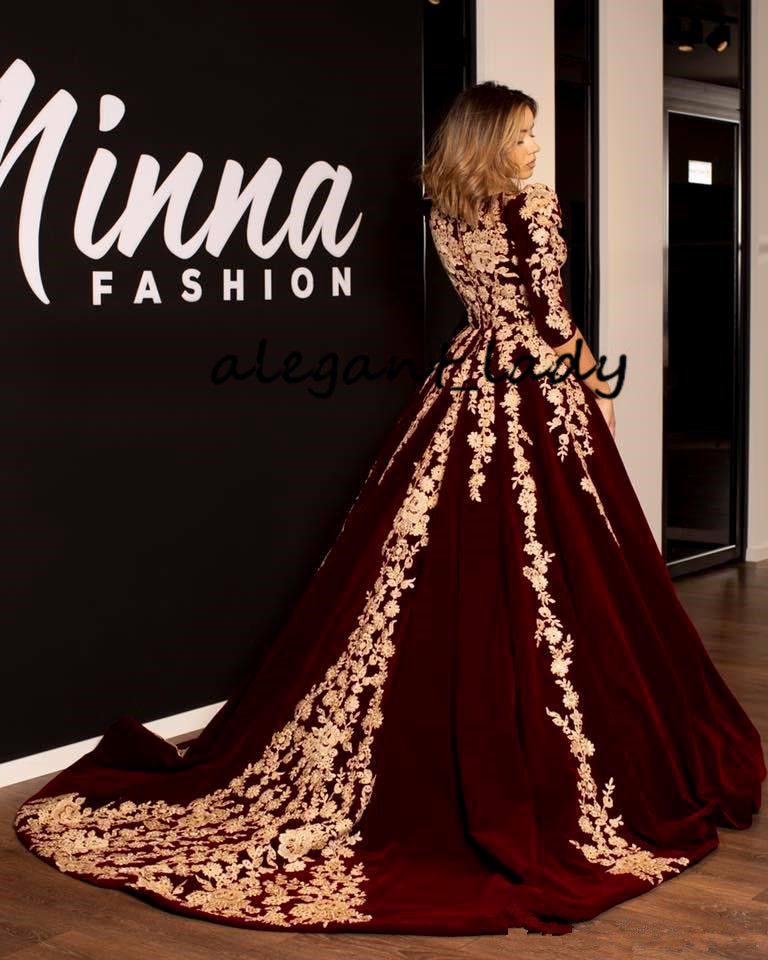 Burgundy Velvet Kaftan Caftan Evening Formal Dresses with Half Sleeve 2019 Gold Luxury Lace Applique Arabic Dubai Abaya Occasion Prom Gown