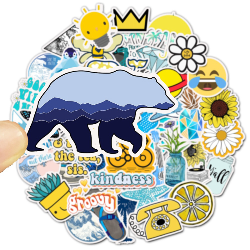 100pcs/Set Outdoors Sun Yellow Blue Aesthetic Sticker Pack Vinyl Waterproof Trendy Water Bottle Laptop Stickers Decal Graffiti Patches