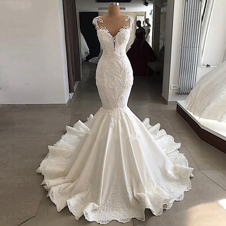 2019 New Mermaid Dresses See Through Backless Sweep Train Wedding Bridal Gowns Vestido de noiva Bead Lace Bride Dress
