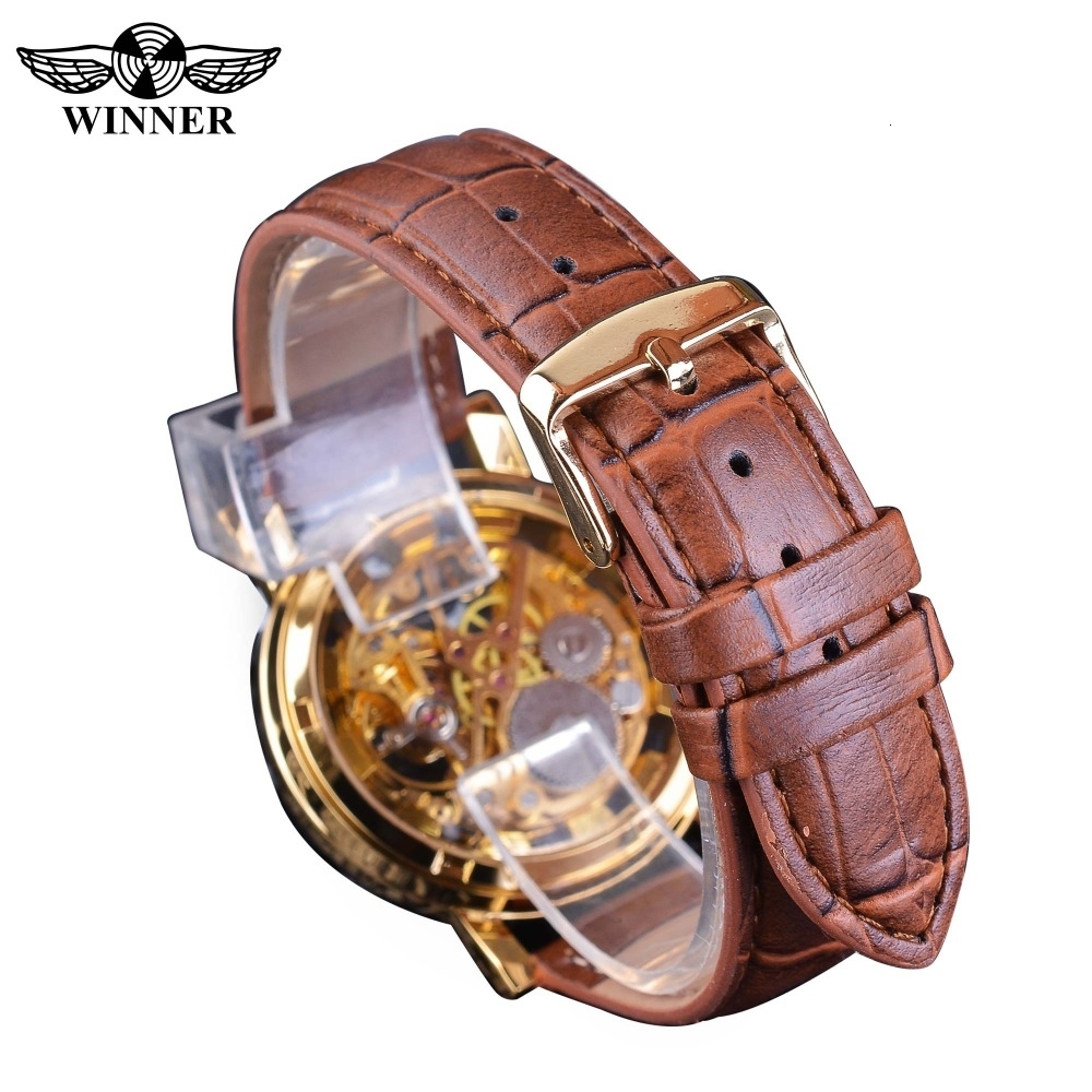 Winner Transparent Golden Case Luxury Casual Design Brown Leather Strap Mens Watches Top Brand Luxury Mechanical Skeleton Watch CJ191213