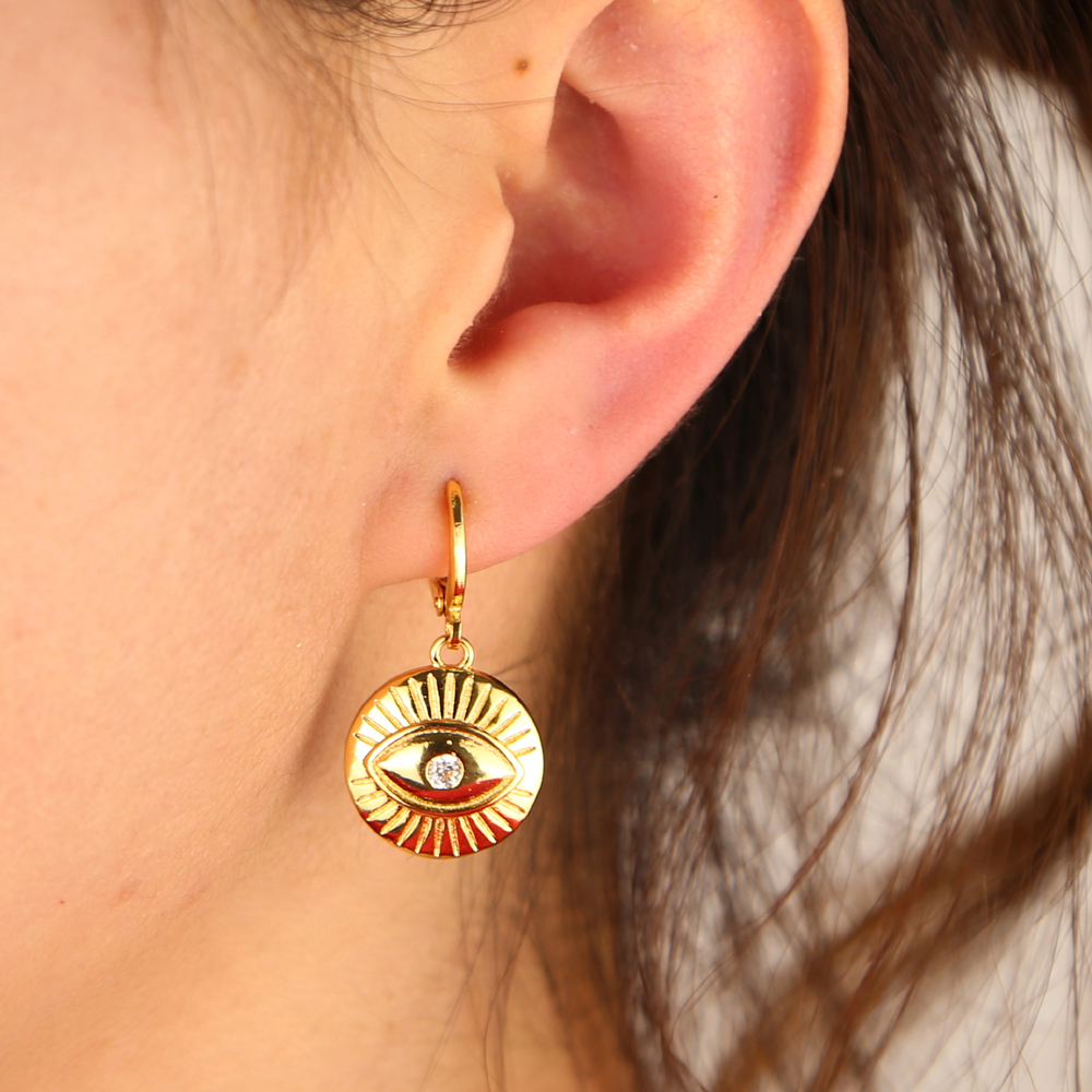 Dangle evil eye Coin earring Gold plated lucky girl women classic turkish evil eye jewelry