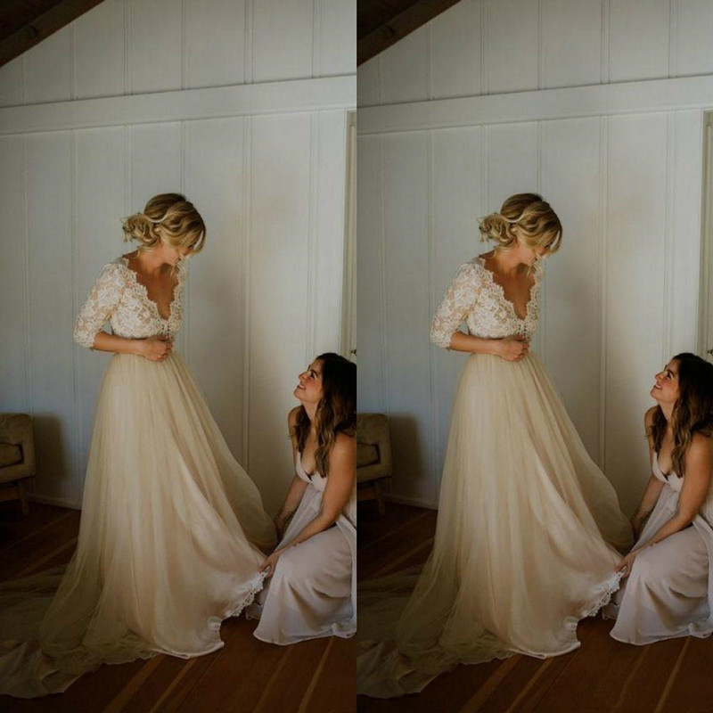 Beach Boho Champagn Lace Dresses 3/4 Long Sleeve Illusion Bodice V Neck Tulle A Line Garden Outdoor Wedding Bridal Gowns M52 0510