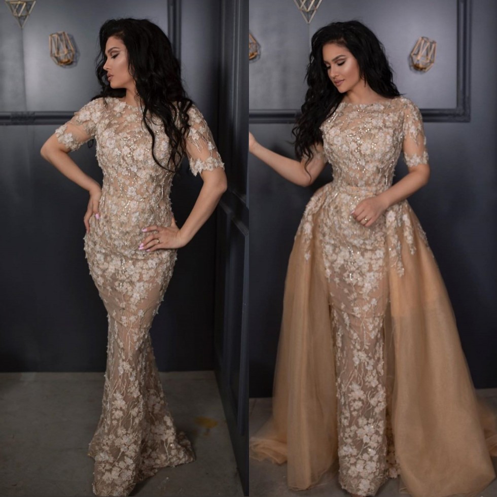 Lace Stunning Beaded Mermaid Evening Dresses Sequined Sheer Bateau Neck Short Sleeves Prom Gowns With Detachable Train Tulle Formal Dress