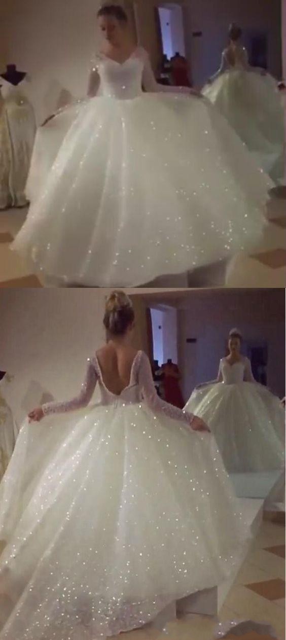 New Sexy Ball Gown Wedding Dresses V Neck Long Sleeves Sequined Puffy Open Back Floor Length Plus Size Custom Made Bridal Gowns