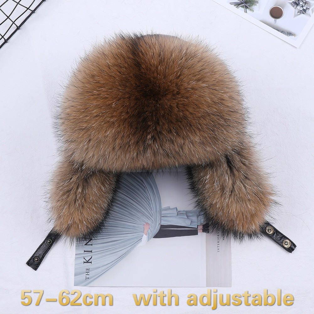 2019 Winter Men's 100% Real Silver Fur Bomber Hat Raccoon Fur Ushanka Cap Trapper Russian Man Ski Hats Caps Real Leather T200104