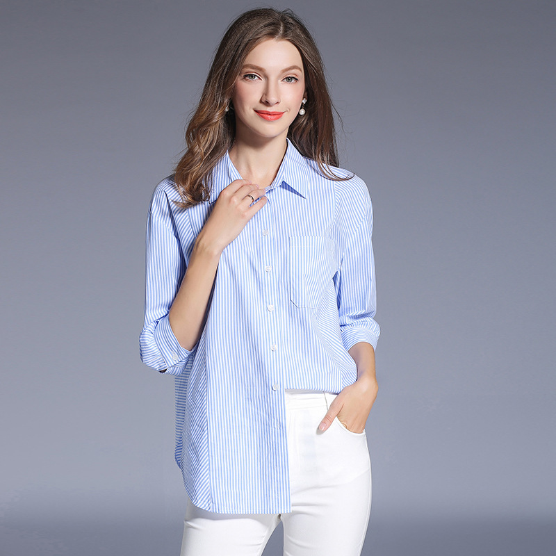 Seven-point sleeve striped shirt 2020 Autumn women's hipster casual short shirt, Blue stripes
Seven-point sleeve striped shirt 2020 Autumn women's hipster casual short shirt, Blue stripes