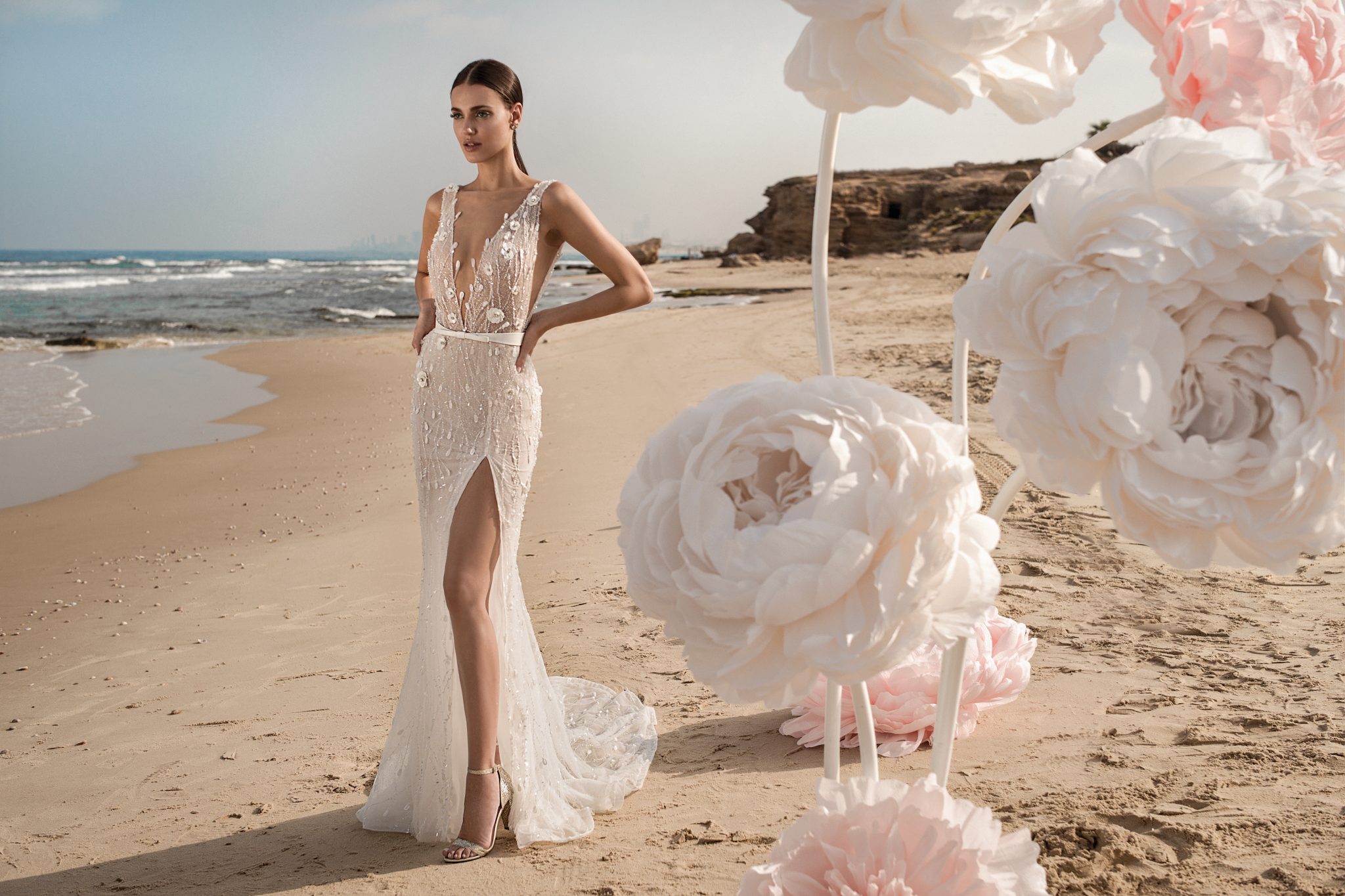 Berta Mermaid Dresses With Wrap Lace 3D ral Applique Beads Beach Wedding Dress vestito da sposa Side Split Boho Bridal Gown