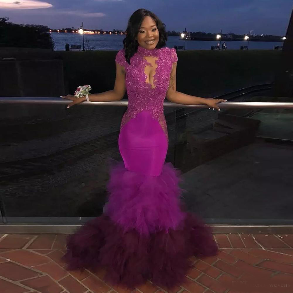 Fuchsia High Neck Mermaid Prom Dresses Backless with Appliques Sequined Party Gowns Tulle Skirt Long Evening Dress