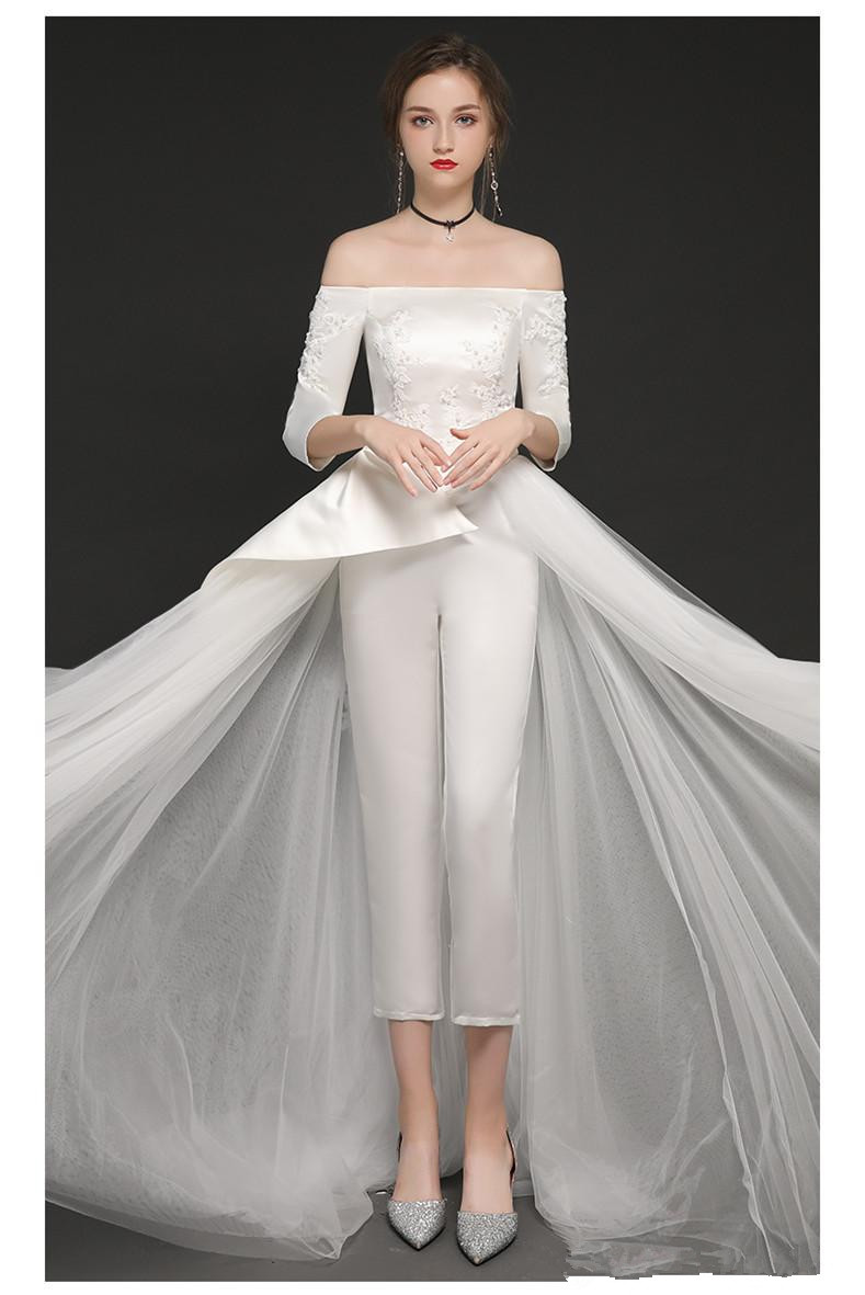 Off The Shoulder 2020 Jumpsuits Wedding Dress Lace Appliqued Beads Vestido De Noiva Boho Long Sleeve Pants Wedding Dresses Bridal Gowns