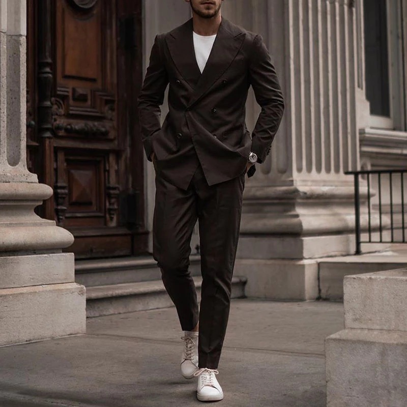 2020 Spring Fashion Groom Wear Double Breasted Peaked Lapel Mens Business Formal Prom Tuxedos Best Man Blazer Suit 2 Pieces (Jacket+Pants)