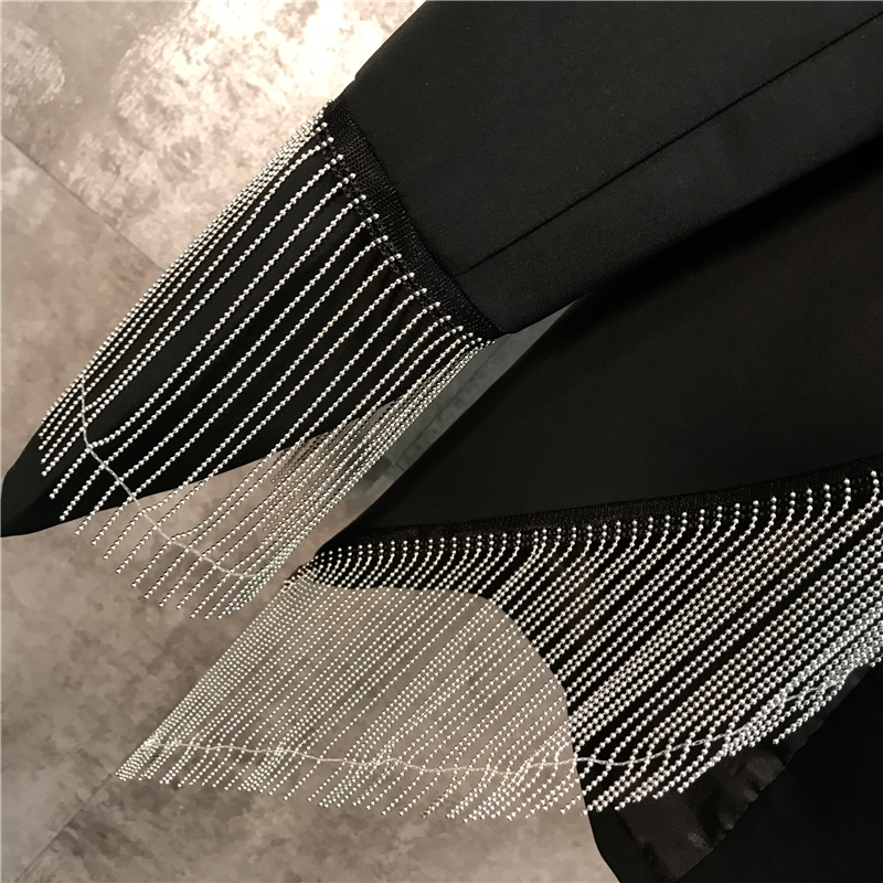 Womens black turn down collar long sleeve beading tassel patchwork back vent jag personality cool fashion blazer suit coat casacos