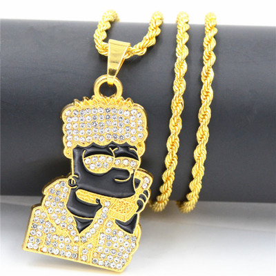 Fashion-Iced Out Quavo Choker Full Rhinestone Cartoon Figure Pendent Necklace Present Bling Rapper Jewelry 2PCS Christmas Gift