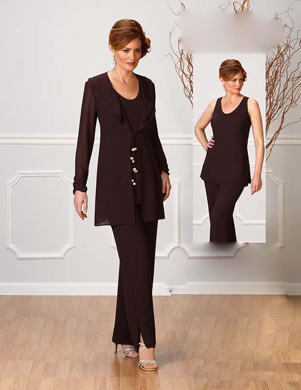 Brown Ursula Chiffon Pants Suits For Mother Of The Bride Scoop Neckline Cheap Dresses Party Evening For Wedding Mothers Guest Dress