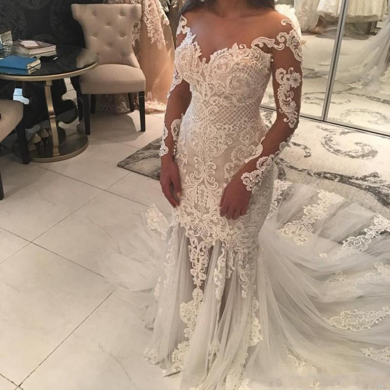 2020 Plus Size Mermaid Wedding Dresses Sheer Neckline Lace Appliques Beaded Illusion Long Sleeve See Through Tulle Long Train Bridal Gowns
