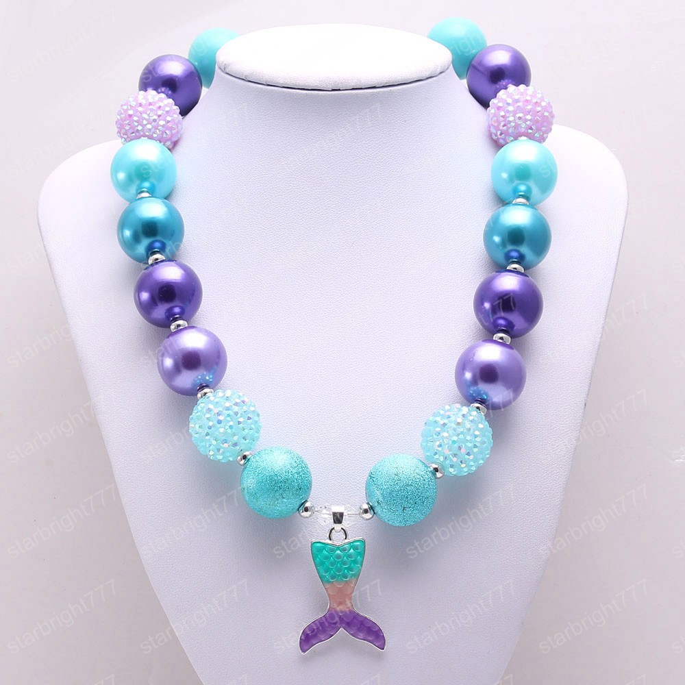 handmade chunky bubblegum beaded necklace for kids girls charm mermaid tail pendant necklace DIY baby jewelry gift