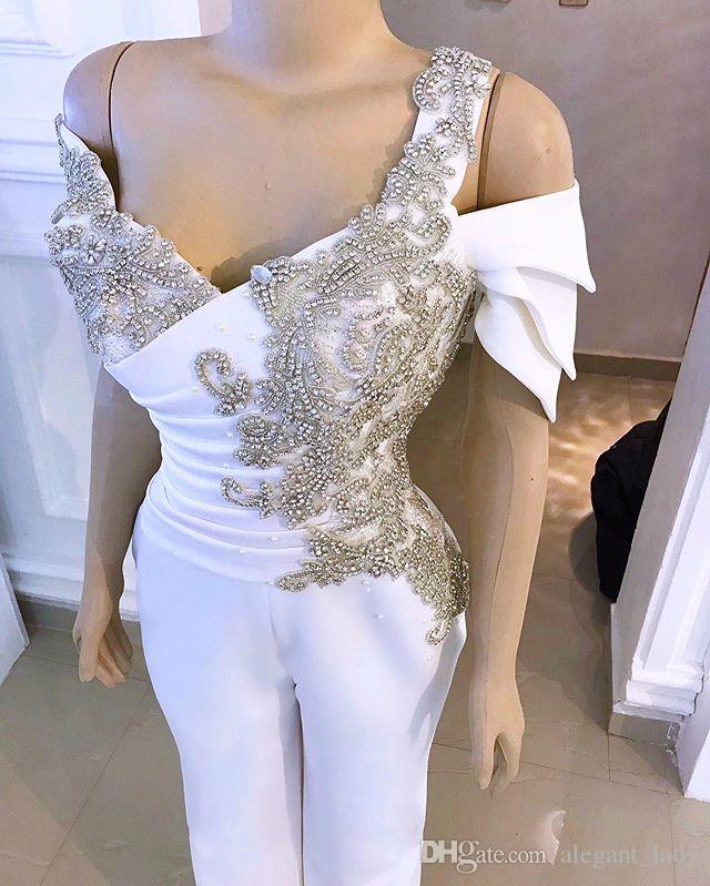 Women Jumpsuits With Train White Beaded Crystals Satin Evening Dresses Peplum Saudi Arabic Long Formal Dress Pant Suits Prom Party Gowns