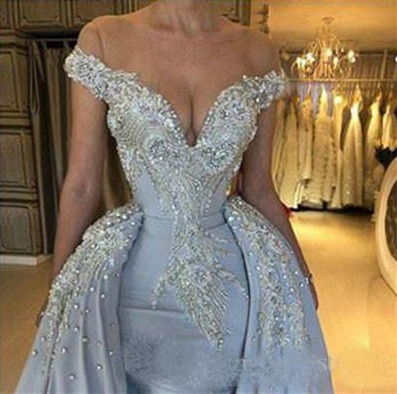 Light Blue Mermaid Prom Dresses with Detachable Train Sheer Off Shoulder Crystals Beaded Formal Evening Dress Cocktail Party Dresses