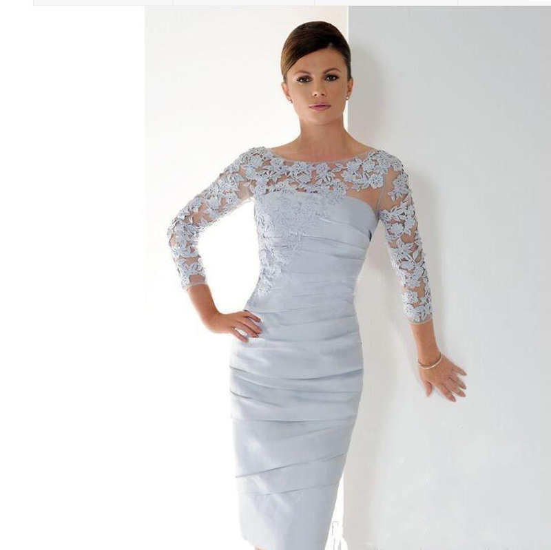 Scoop Neck Lace Appliques Short Mother Dresses 3/4 Sleeves Knee Length Pleats Ruched Plus Size Women Formal Evening Gowns