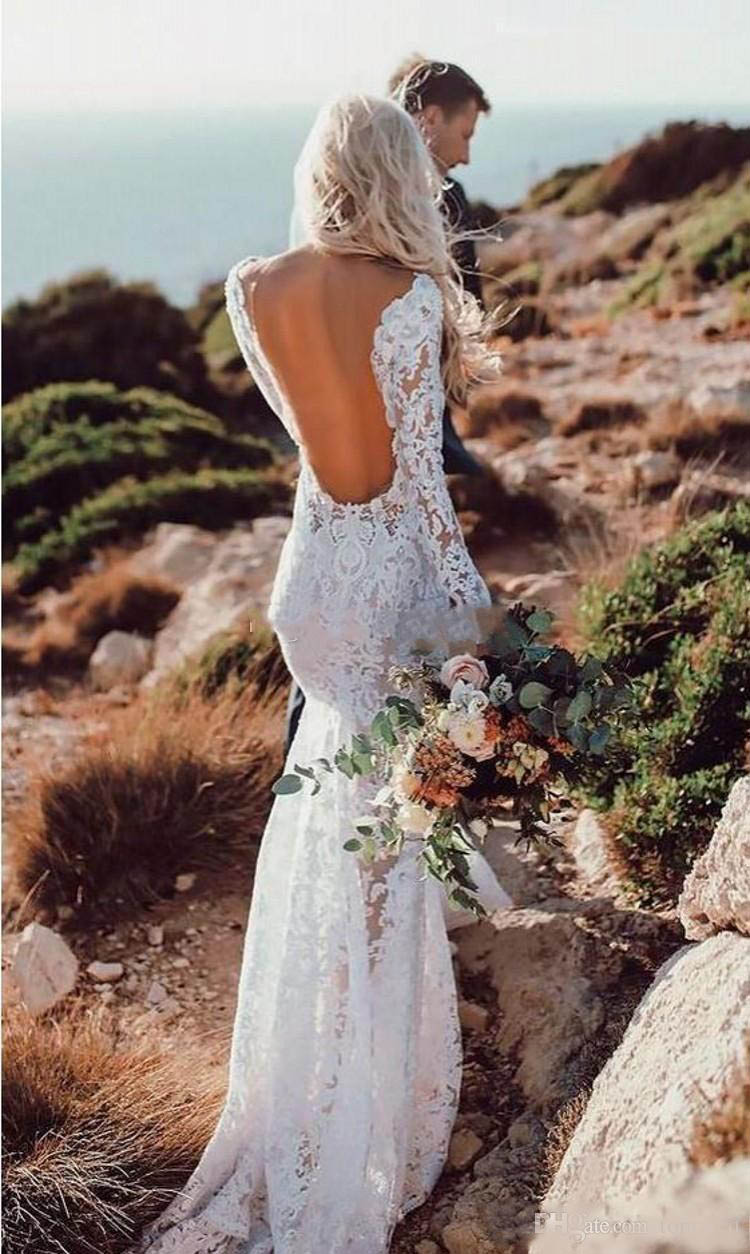 2020 Lace Wedding Dresses Sexy Mermaid Long Sleeves Floor Length Backless Beach Boho Garden Bridal Gowns See Through