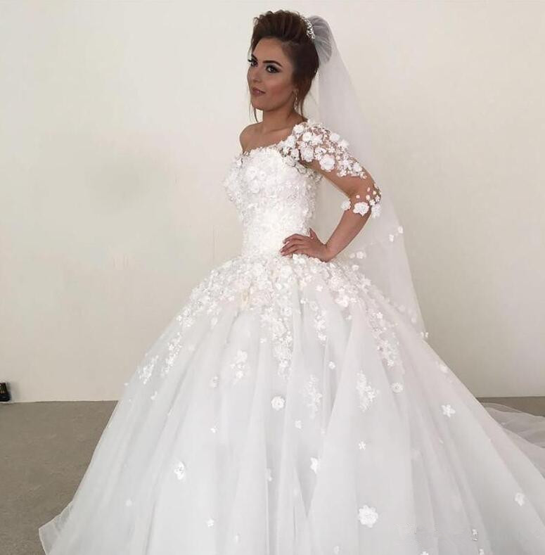 Sexy 3D-Floral Ball Gown Wedding Dresses Plus Size Arabic African 3/4 Long Sleeves Vestido De Novia Lace Up Back Princess Bridal Gown