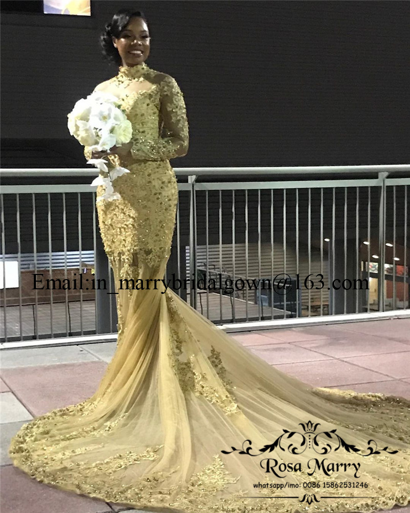 Sexy Gold Lace Mermaid Prom Dresses 2020 High Neck Long Sleeves Sequined Beaded Plus Size African Arabic Girls Pageant Formal Evening Gowns