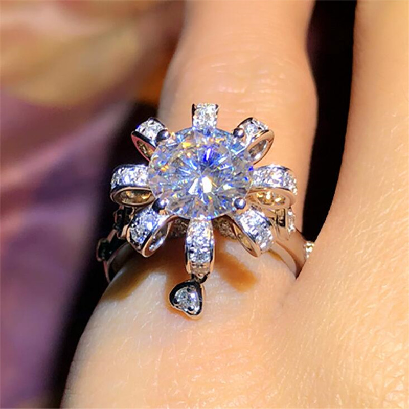 US Size 6-10 Classic Jewelry 925 Sterling Silver Round Cut White Topaz CZ Diamond Gemstones Eternity Women Flower Wedding Band Ring Gift