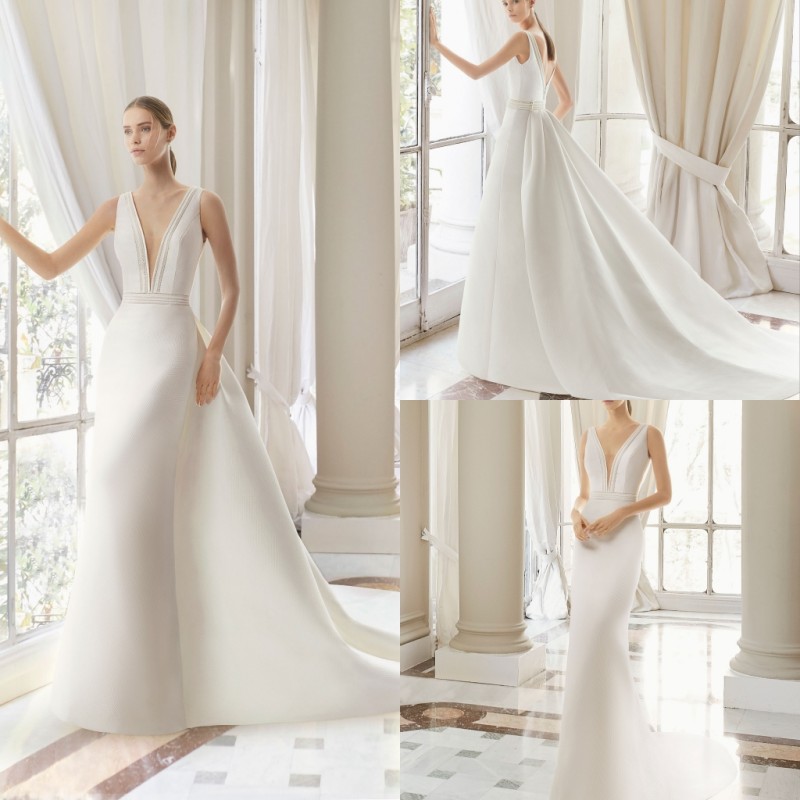 mermaid satin wedding dresses with detachable train deep v neck beads backless wedding gowns plus size sleeveless bridal dress
