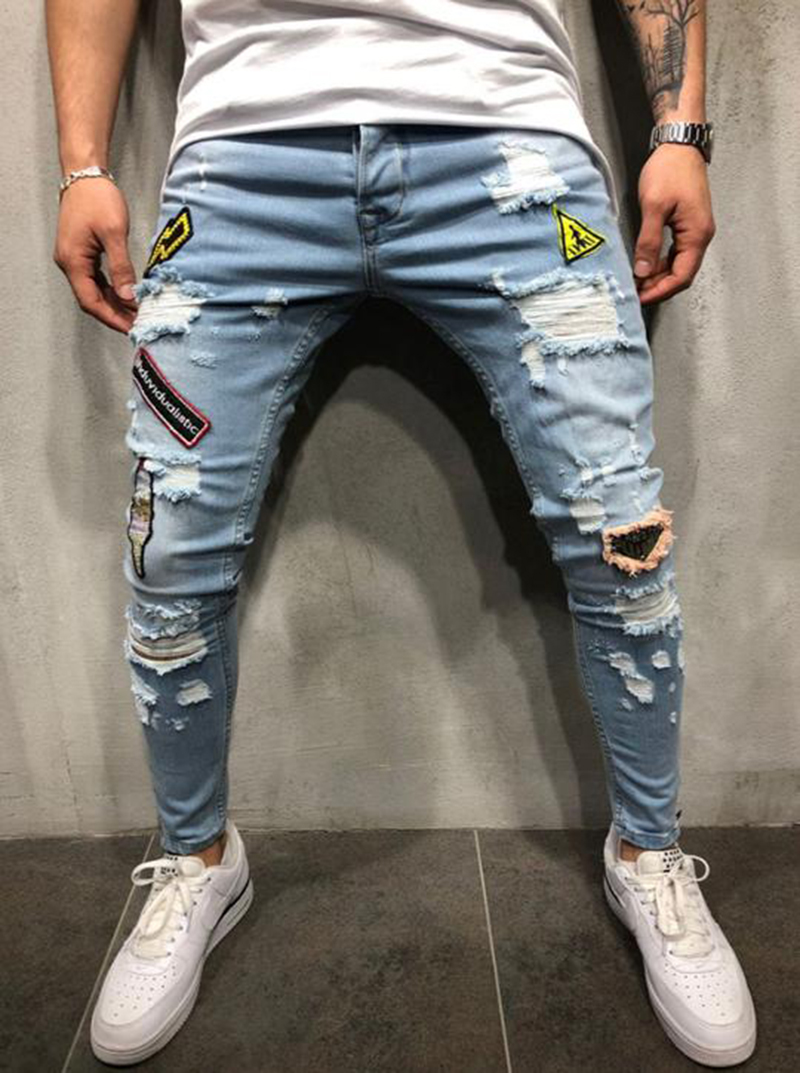 Denim Ripped Hole Slim Patchwork Jeans Fashion Hip Hop Skinny Pencil For Men Stretch Embroidery Homme B3